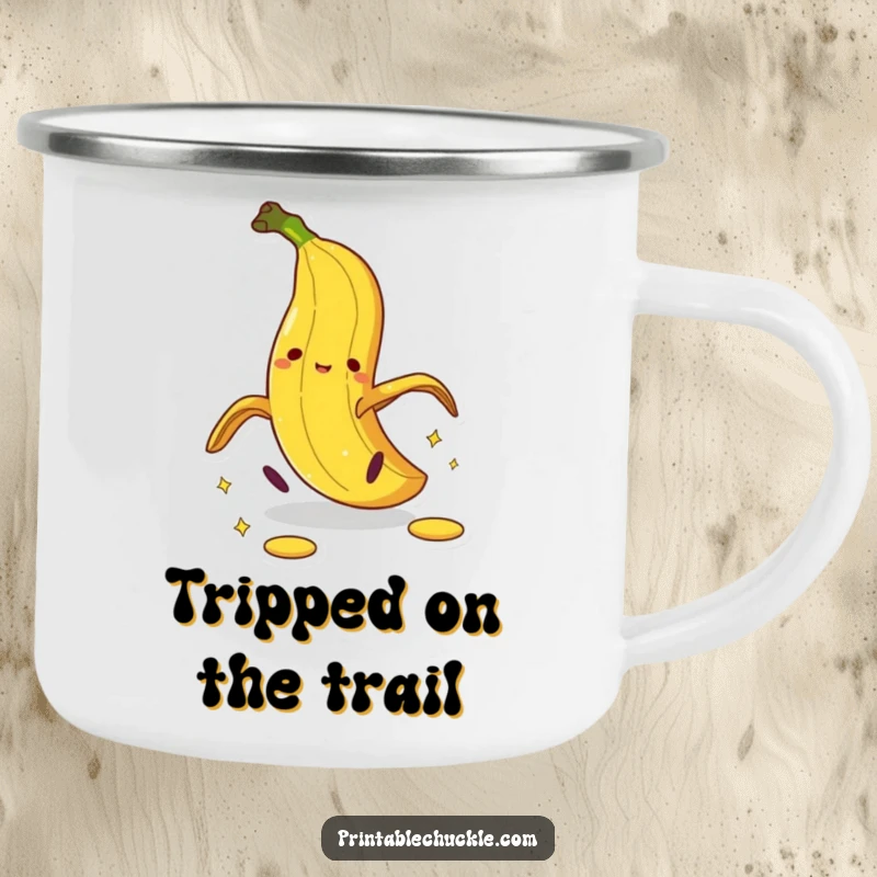 Funny banana peel camping mug featuring a dramatic pratfall, perfect for outdoor humor and durability.