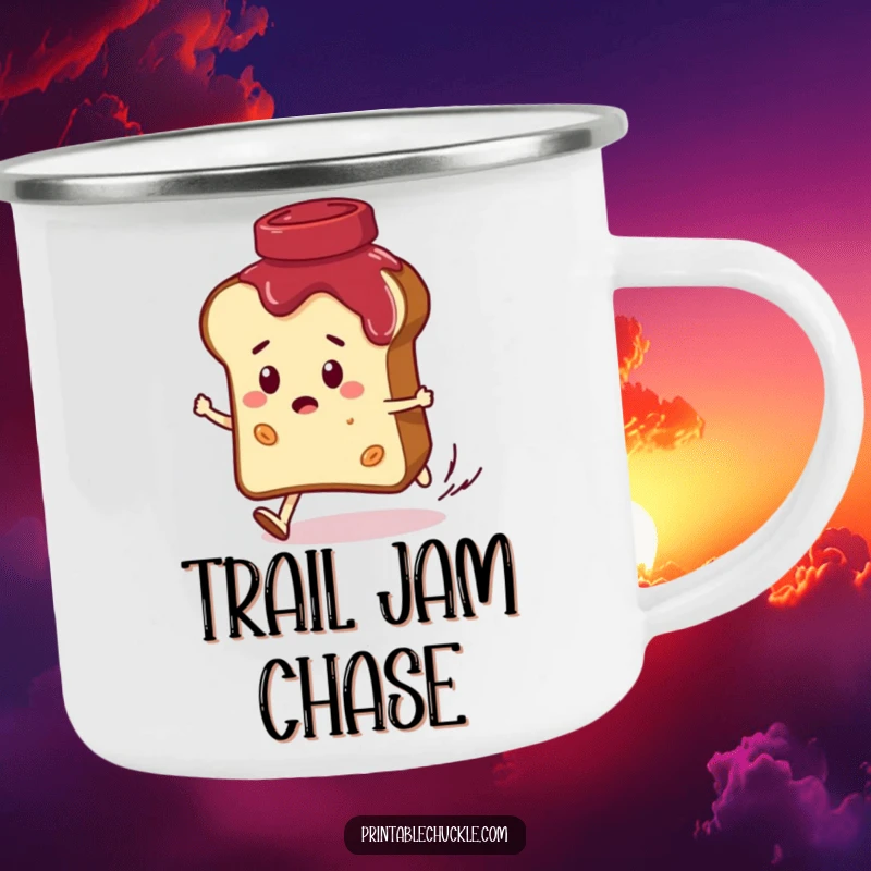 Funny camping mug showing a convinced bread slice character hilariously being chased by a giggling jar of jam, great for camp fun and breakfast humor.
