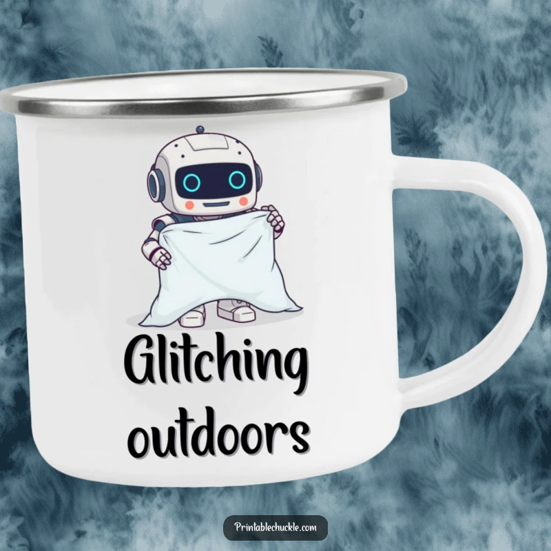 Funny camping mug featuring a clumsy robot hilariously attempting to fold a fitted sheet, perfect for outdoor humor.