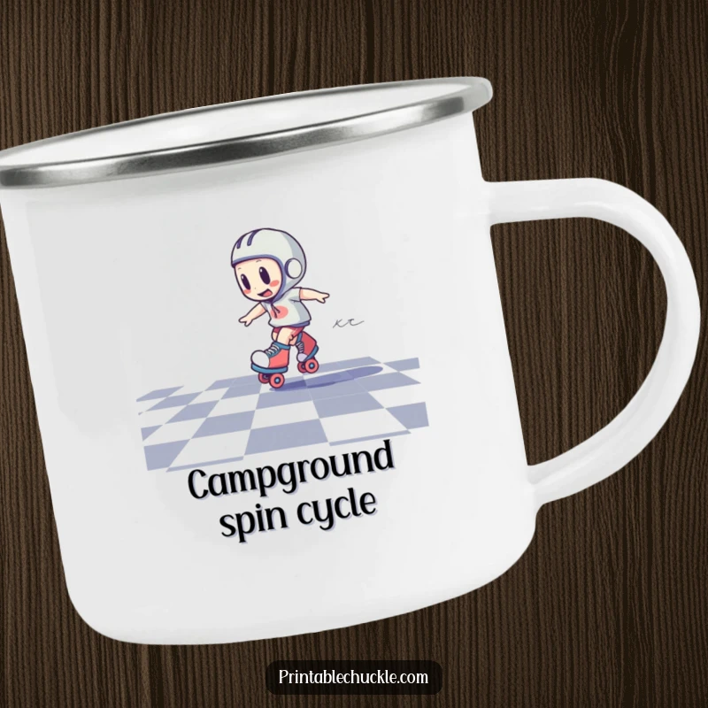 Funny enamel camping mug showing a roller skate character in a dizzy spin on a checkered floor, ready for outdoor fun.