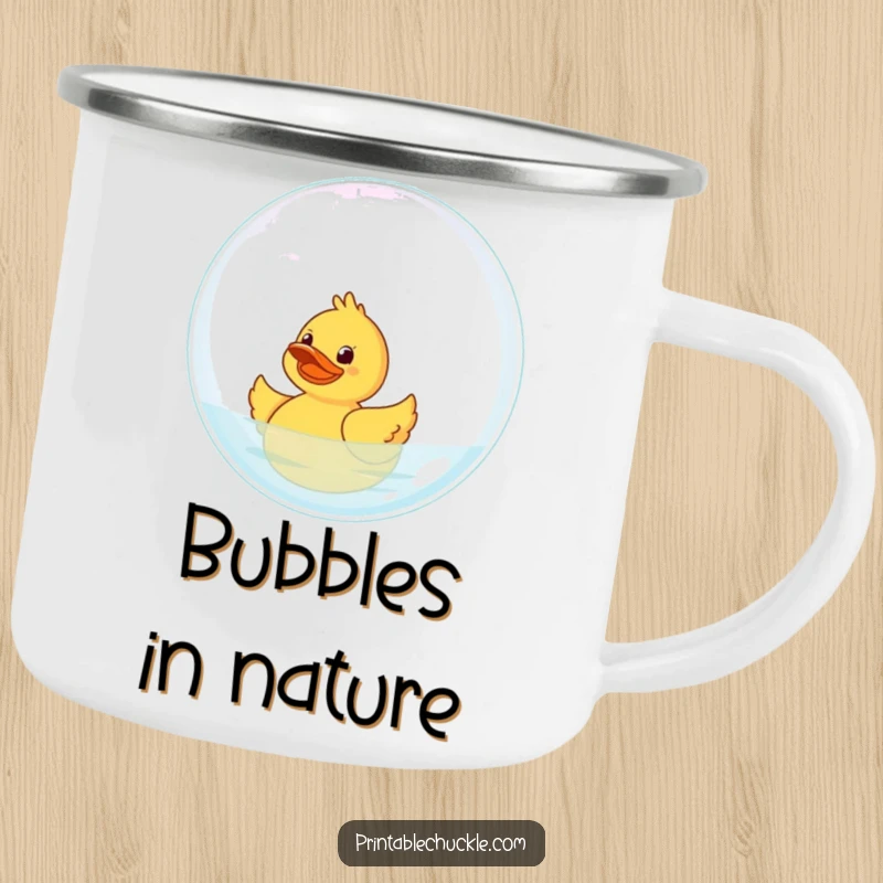 Funny Rubber Duck Camping Mug: A giggling rubber duck floats on a giant bubble, ready for outdoor fun.