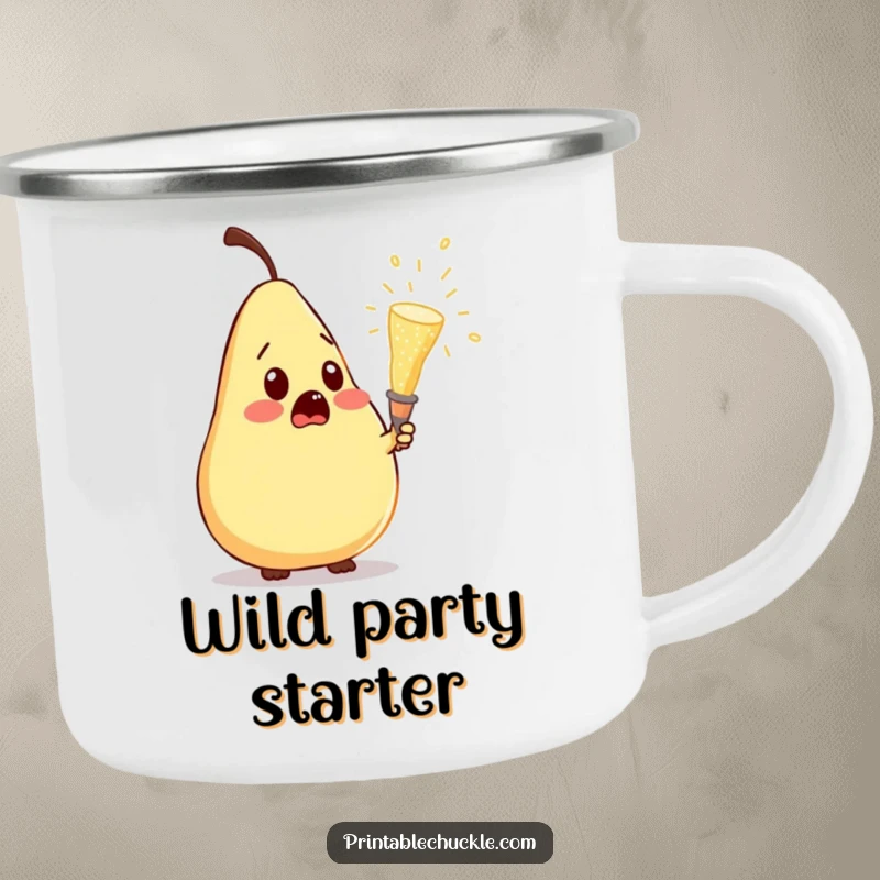 Funny camping mug featuring a surprised pear reacting to a popping champagne cork, perfect for outdoor humor.