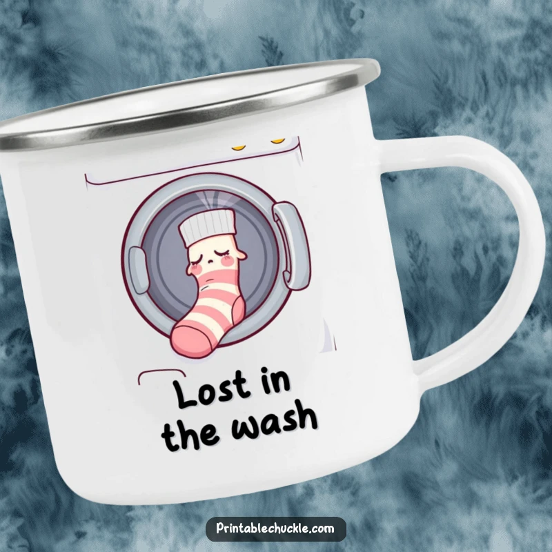 Funny camping mug with a sleepy sock being pulled into a dryer by an unseen force, perfect for outdoor humor.