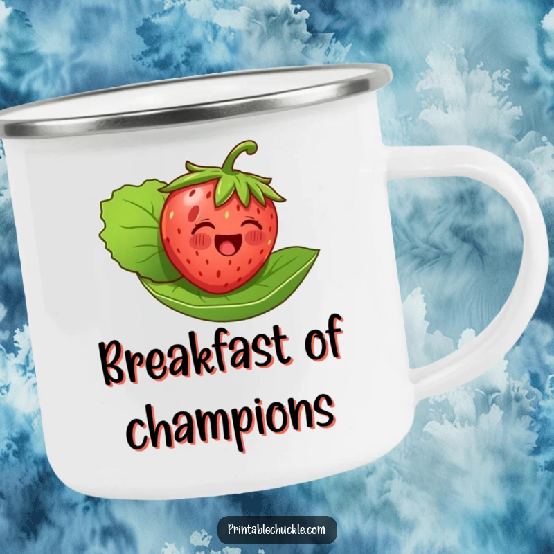 Funny, rugged camping mug showcasing a delighted strawberry floating on its leaf, ideal for outdoor enjoyment with a cheerful twist.