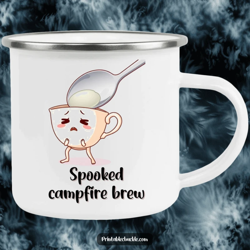 Funny camping mug featuring a startled teacup with legs recoiling from a giant spoon, ready for outdoor frights.