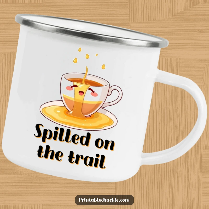 Funny camping mug illustration of a bewildered teacup overwhelmed by a waterfall of spilled tea.