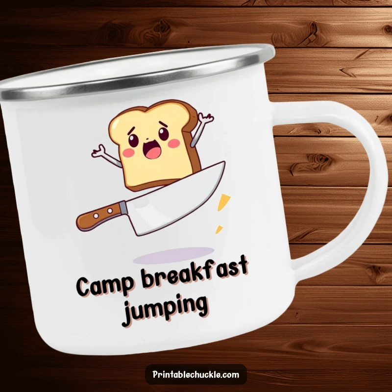 Funny camping mug with an adventurous piece of toast jumping over a large butter knife, built for rugged enjoyment.