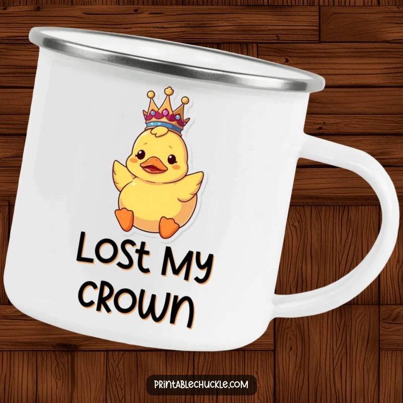 Funny upside down rubber duck camping mug with a crown, showcasing royal confusion for outdoor fun.
