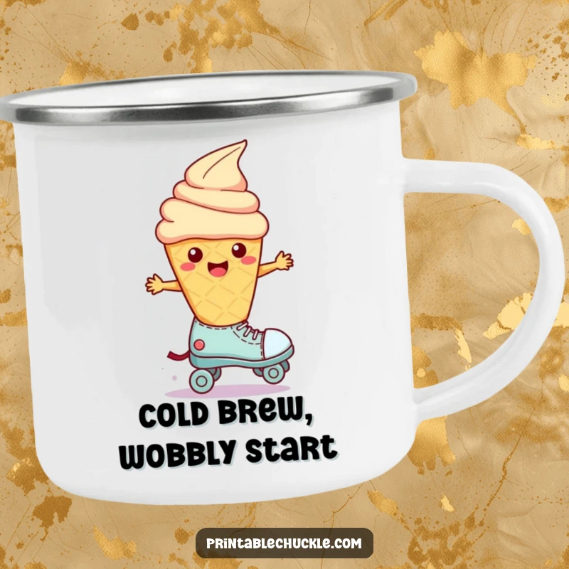 Funny Wobbly Ice Cream Roller Skate Camping Mug: An ice cream cone wobbles on a roller skate, perfect for enjoying drinks outdoors.