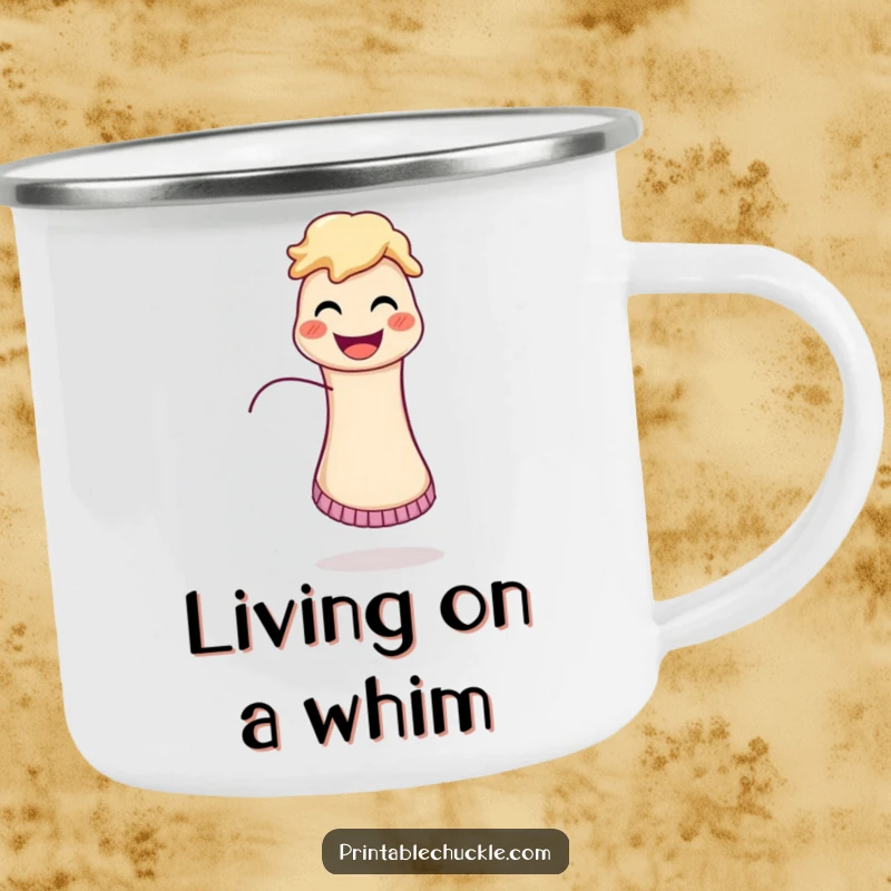 Funny camping mug with a gleeful sock puppet and its runaway string, perfect for enjoying nature with a smile.
