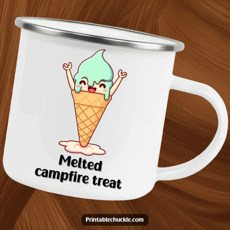Funny camping mug with a triumphant melted ice cream cone, celebrating summer on outdoor adventures.