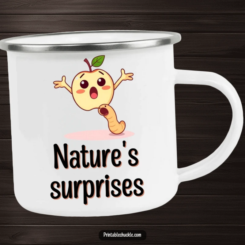 Funny surprised apple dodging a falling worm, a humorous camping mug.