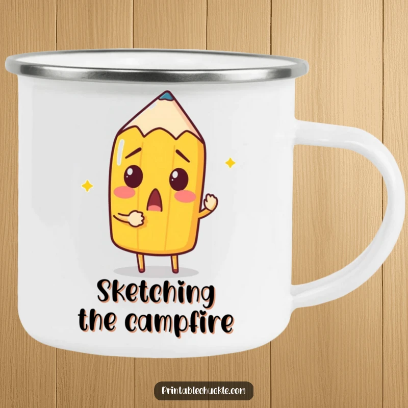 Funny Pencil Camping Mug: A surprised pencil attempts to draw itself, ready for outdoor artistic inspiration.