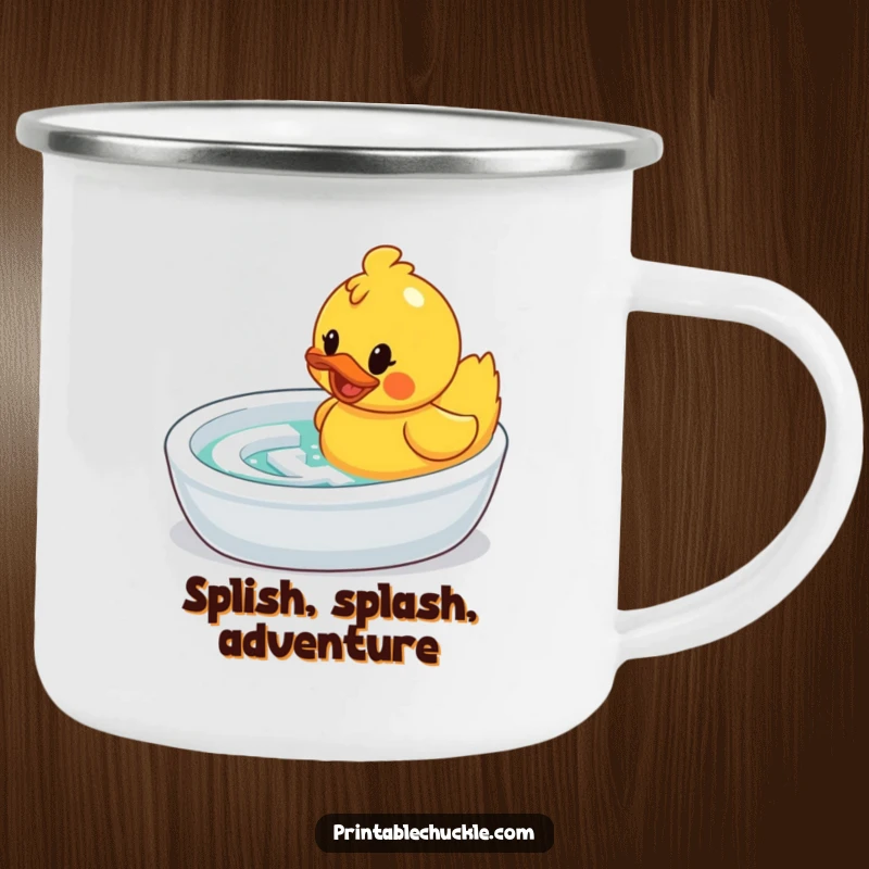 Funny camping mug: a determined rubber duck navigating a bathtub maze, perfect for outdoor humor.