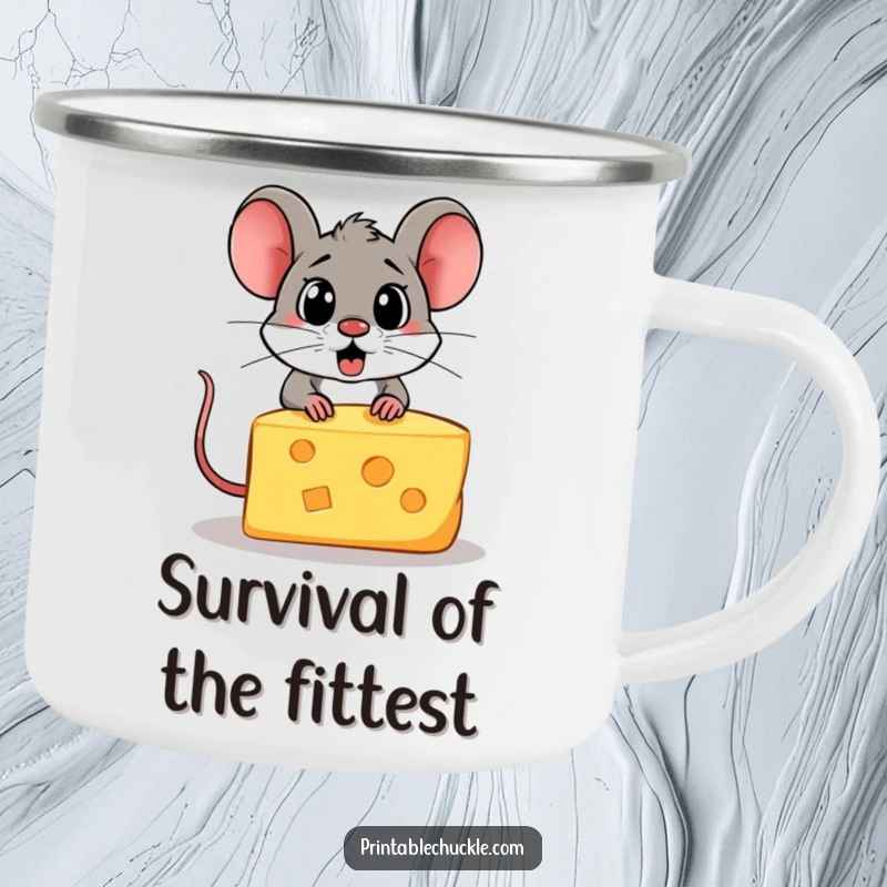 Funny camping mug illustration of a scared piece of cheese escaping from a hungry cartoon mouse.