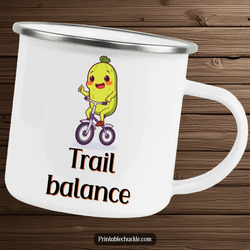 Funny camping mug with a determined pickle riding a unicycle, perfect for outdoor drinks and comical adventures.