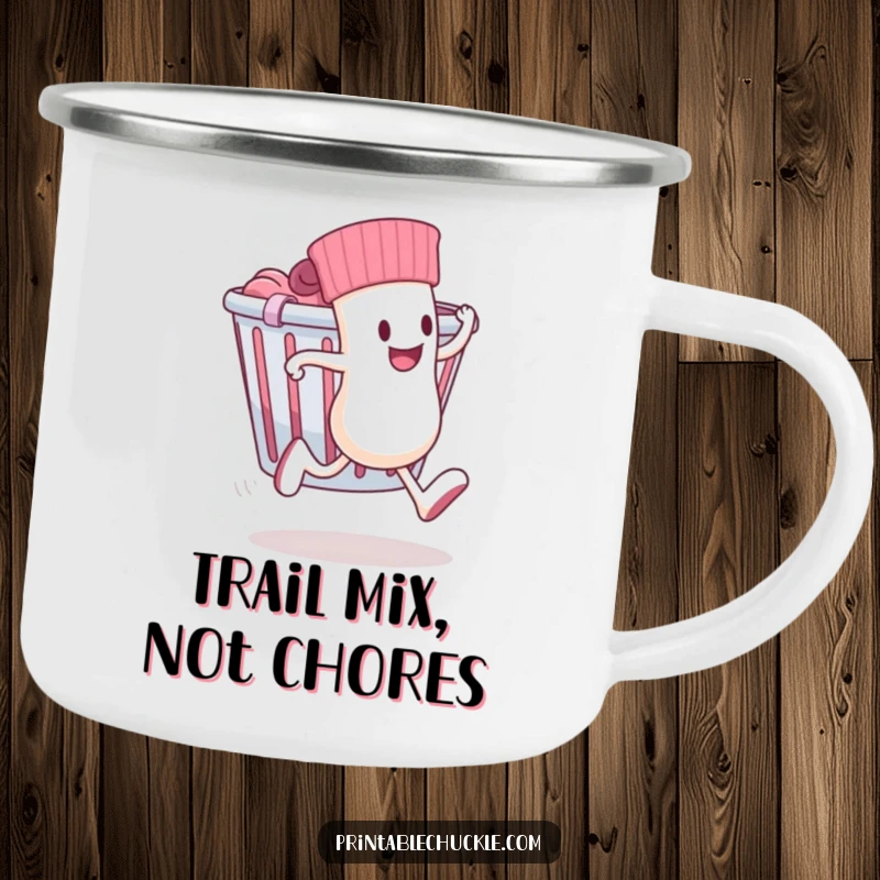 Funny enamel camping mug featuring a sock with legs running away from a laundry basket, for adventurous outings.