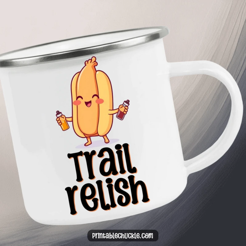 Funny hot dog camping mug, lively juggling condiment bottles around a campfire, perfect for outdoor humor enthusiasts.