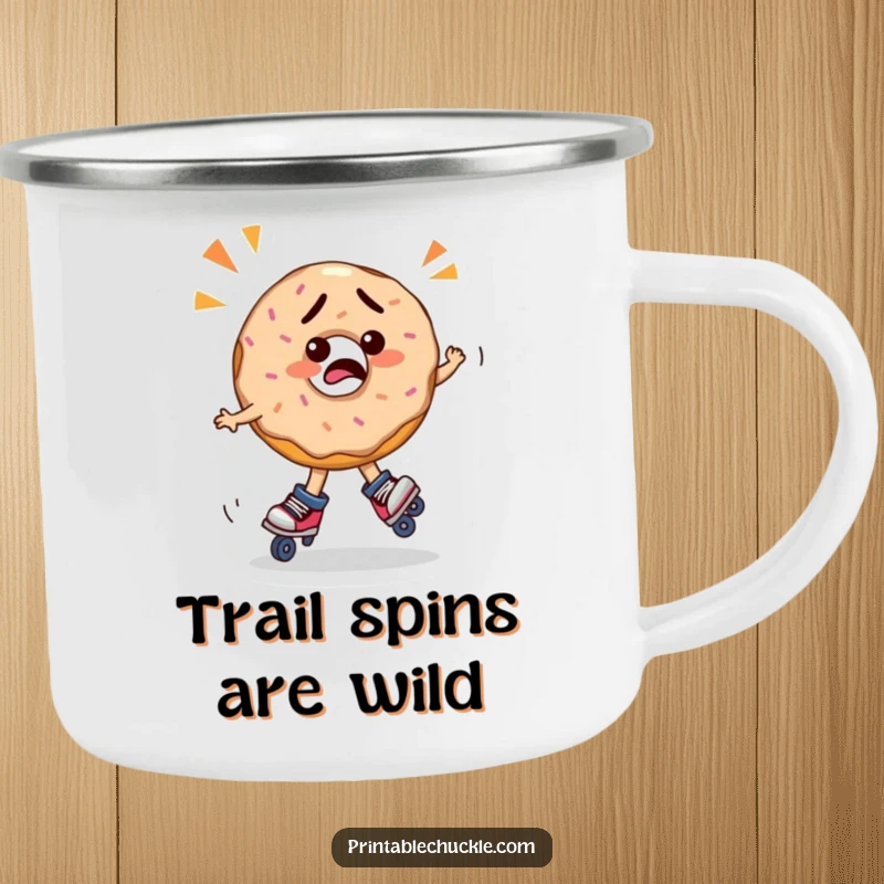 Funny confused donut wearing roller skates, spinning erratically, on a durable camping mug, ideal for a funny outdoor gift.