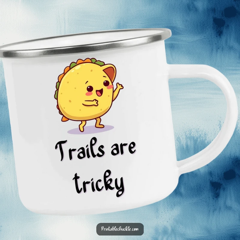 Funny camping mug showing a dancing taco character hilariously tripping over its own shell, great for outdoor fun and food humor.