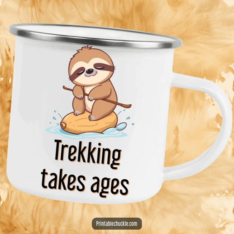 Funny camping mug featuring a sleepy sloth water-skiing on a cashew nut, perfect for outdoor humor.