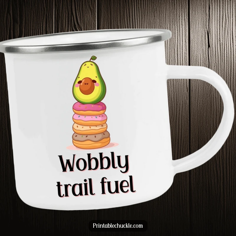 Funny camping mug featuring a determined avocado balancing on a wobbly stack of donuts, perfect for outdoor humor.