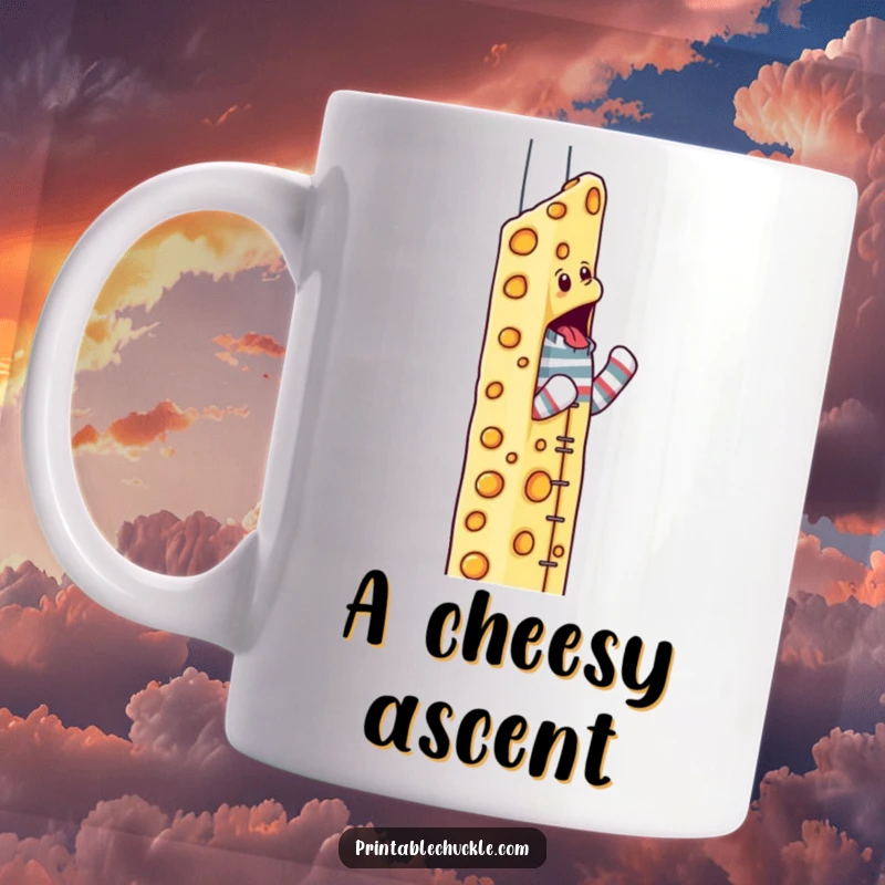 Funny sock puppet mug showing a determined puppet climbing a skyscraper made entirely of cheese.