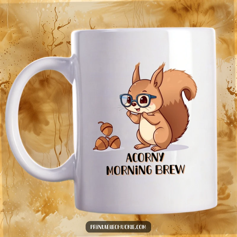 Funny squirrel mug featuring a mischievous character wearing glasses, juggling acorns with its tail, perfect for coffee.