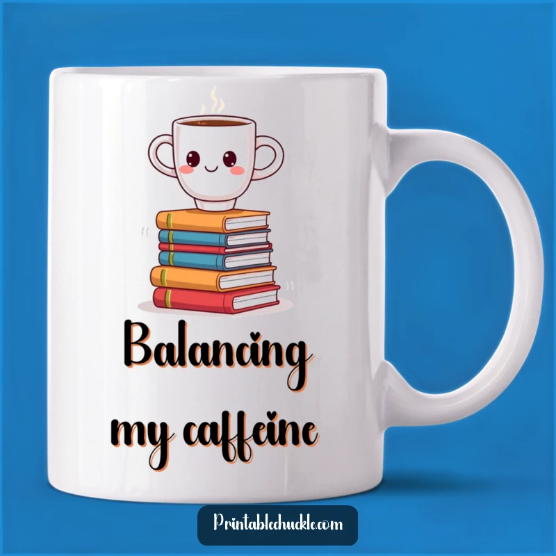 Funny Coffee Book Balance Mug: Smiling Cup on Books, Humorous Reader Gift