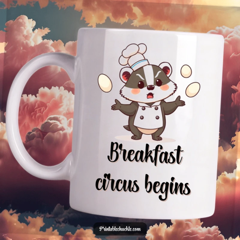 Funny mug with a bewildered badger in a chef hat juggling eggs, perfect funny gift for cooks.