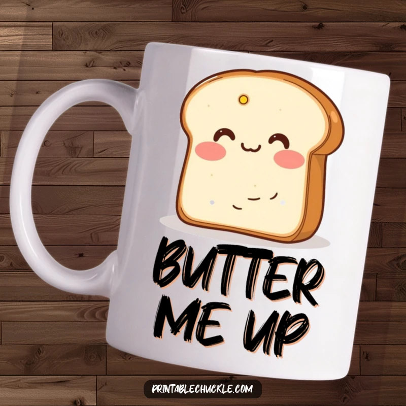Funny mug with blushing bread hiding behind butter, a cute and humorous breakfast companion gift.