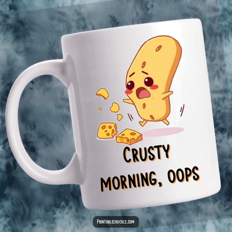 Funny mug depicting a startled baguette comically dodging falling blocks of cheese, a humorous food-themed scene.