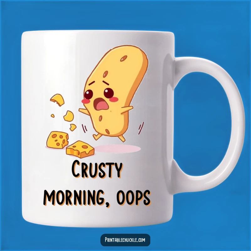 Funny Baguette Cheese Dodge Mug: Startled Bread Escapes Falling Dairy, Humorous Foodie Gift