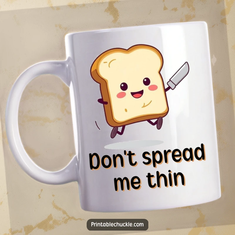 Funny Toast Running Butter Knife Threat Mug: A piece of toast with legs hilariously sprints away from a menacing butter knife.