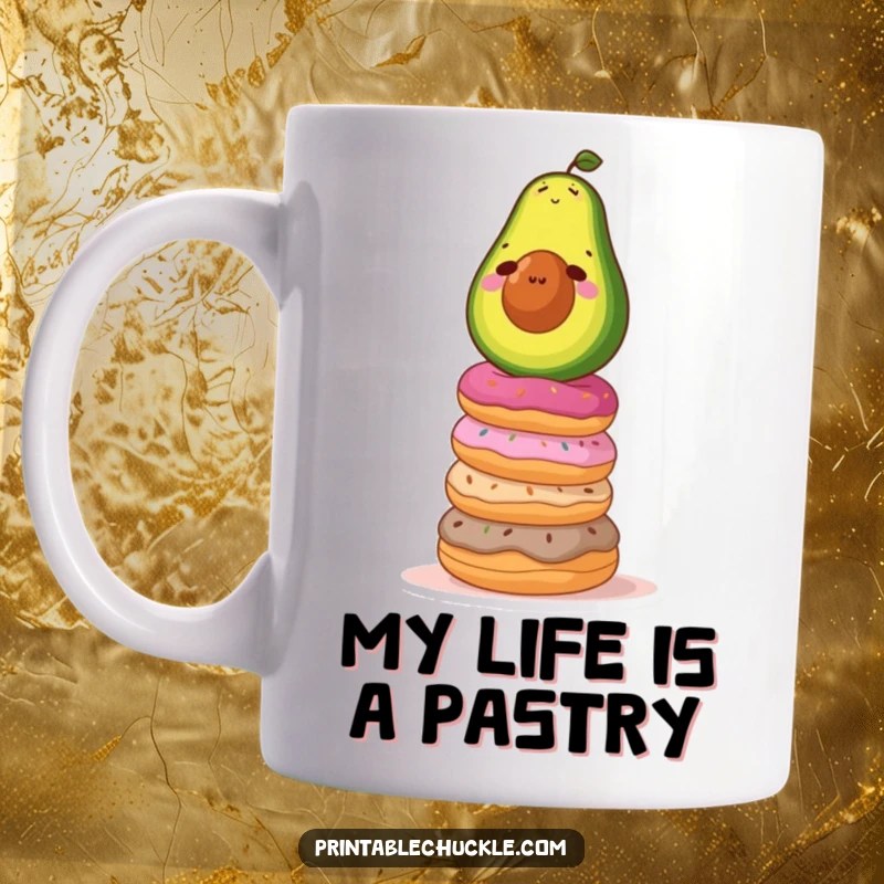 Funny mug featuring a determined avocado precariously balancing on a tall, wobbly stack of colorful donuts, showcasing a funny struggle.
