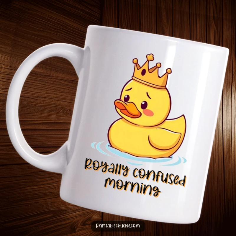 Funny mug showing a confused rubber duck wearing a small crown, floating erratically, adding a touch of regal silliness.