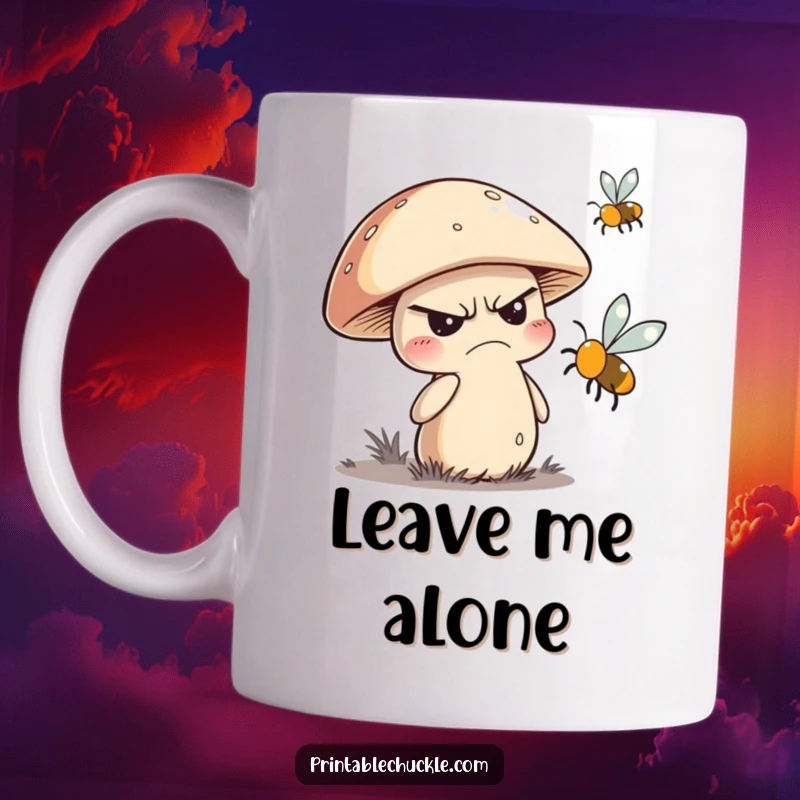 Funny ceramic mug showing a grumpy mushroom character with a scowl, trying to swat away a tiny, annoying buzzing fly.