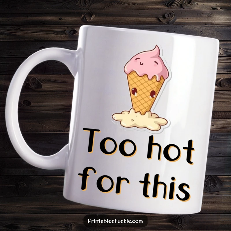 Funny mug depicting a melting ice cream cone in a dramatic, hilarious fall, capturing sweet chaos.