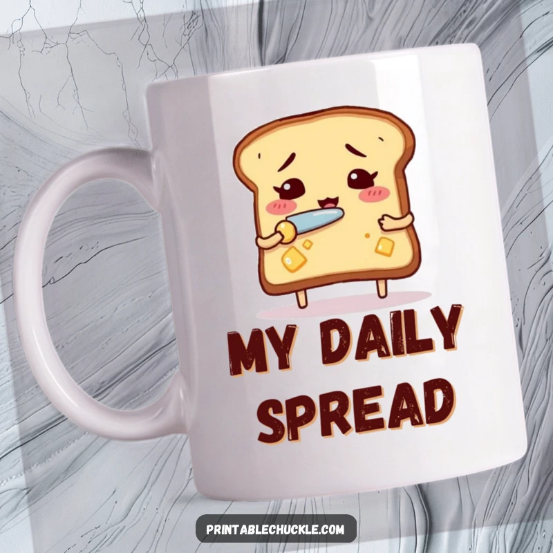 Funny nervous toast mug, depicted with wide eyes, attempting to butter itself with a tiny knife, a comical breakfast scene.