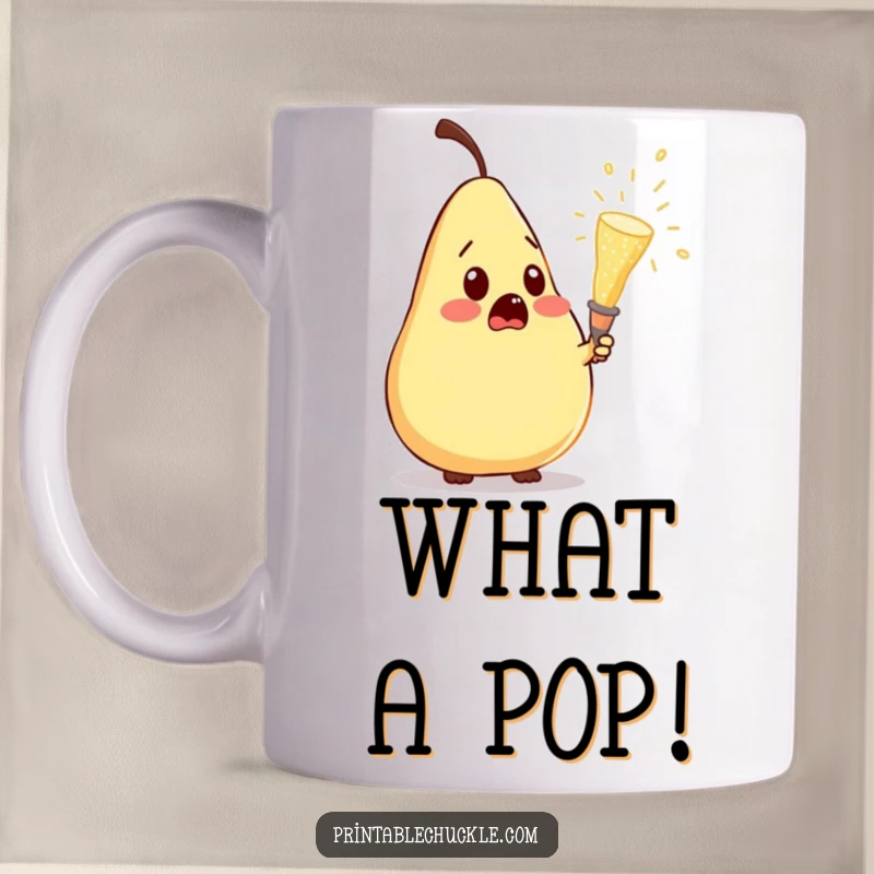 Funny mug showing a pear with a comically surprised expression as a champagne cork pops nearby, a humorous 'aha' moment.
