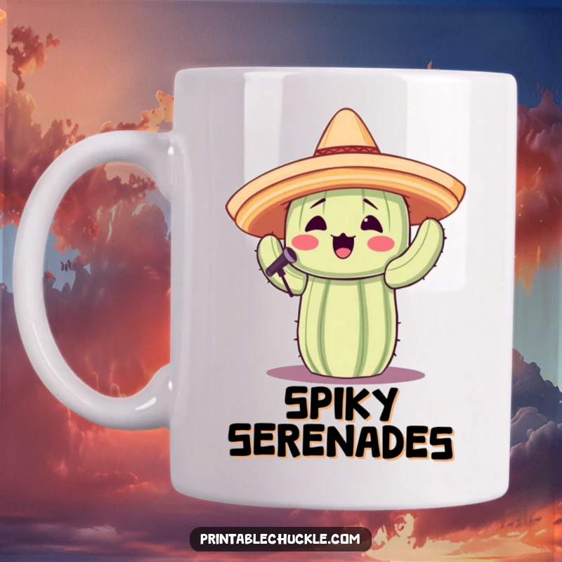 Funny coffee mug featuring a happy cactus wearing a small sombrero and singing with gusto.
