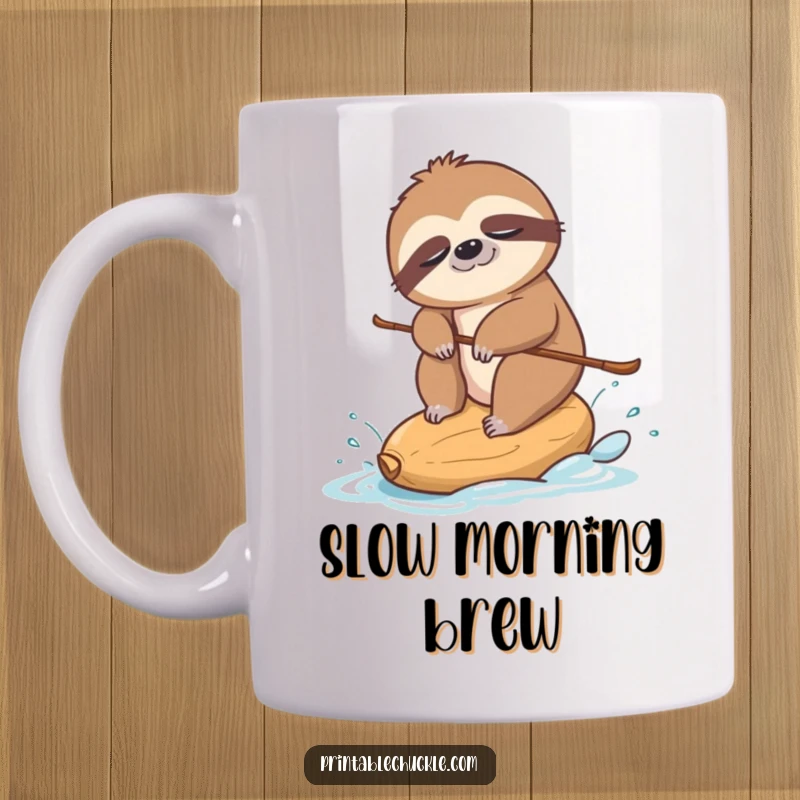 Funny mug featuring a sleepy sloth attempting to water ski on a tiny cashew nut, showcasing a hilarious, slow-paced effort.