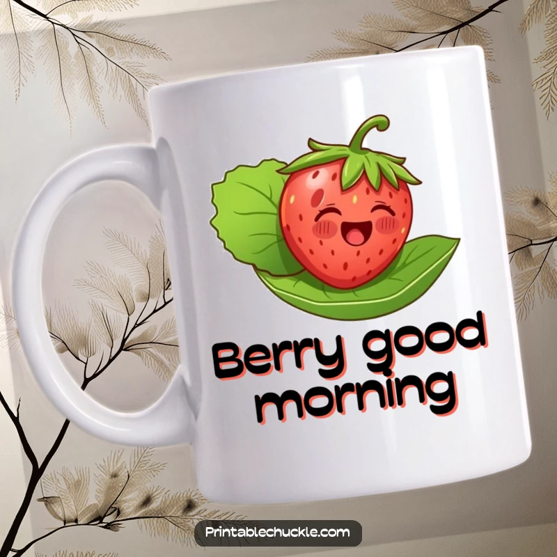 Funny mug with a delighted strawberry joyfully floating on its own green leaf, expressing pure, simple happiness.