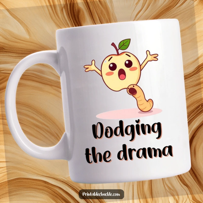 Funny surprised apple with arms outstretched dodging a falling worm, a humorous and relatable mug.