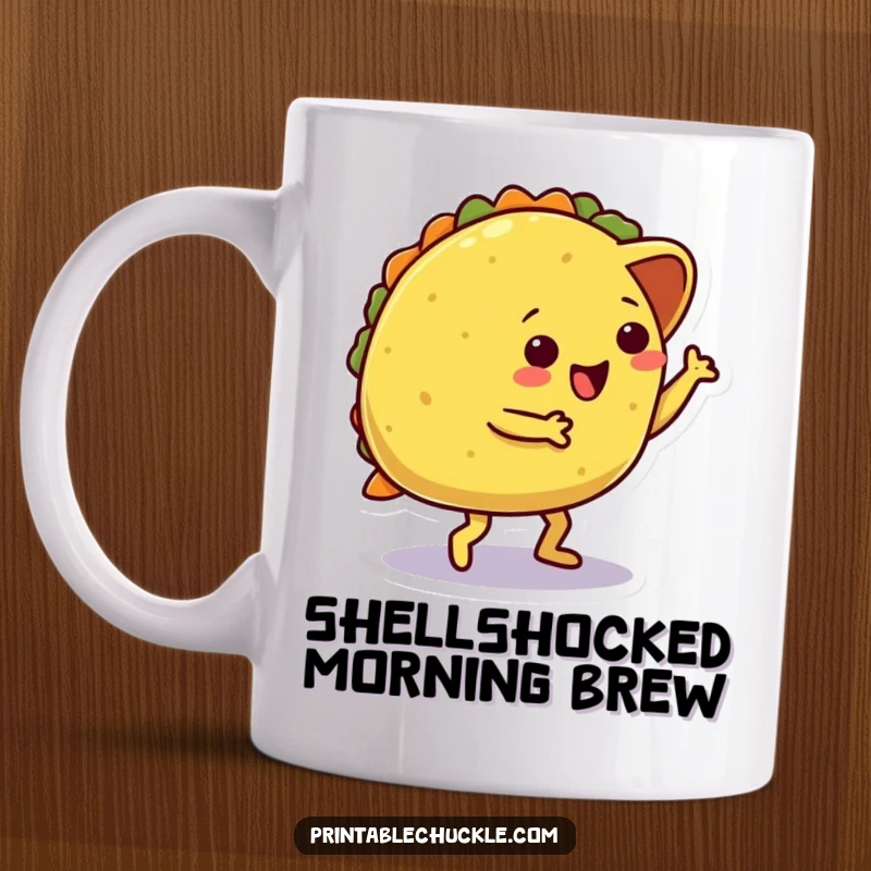 Funny mug featuring a dancing taco character comically tripping over its own shell, exuding playful clumsiness and food-related humor.