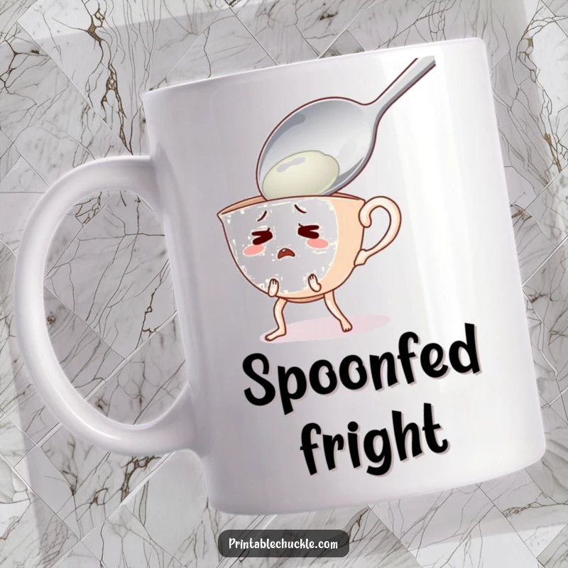 Funny mug featuring a startled teacup character with legs recoiling in fear from a gigantic spoon approaching.