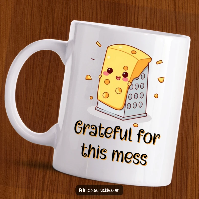 Funny mug depicting a slice of cheese caught comically in a cheese grater mishap, perfect funny gift.