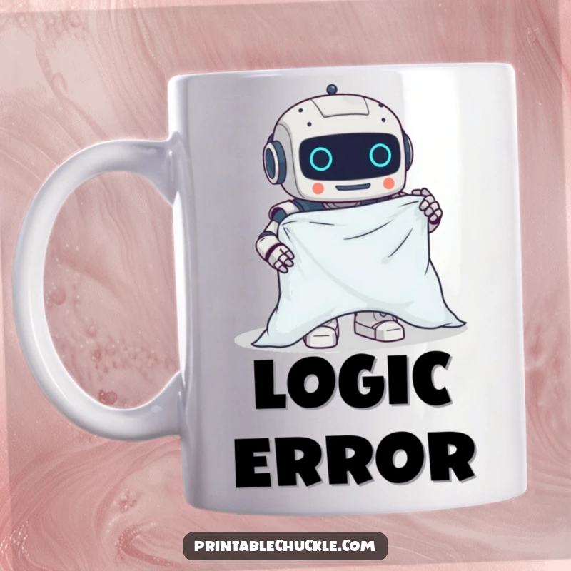 Funny mug showing a clumsy robot hilariously failing to fold a fitted sheet, capturing household chaos.