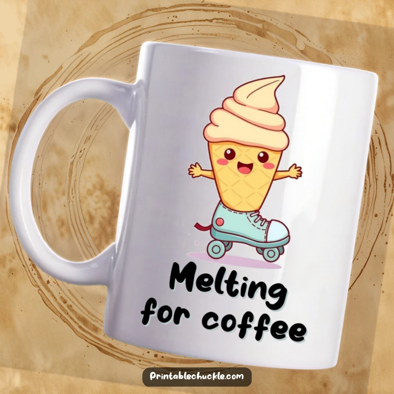 Funny Wobbly Ice Cream Roller Skate Mug: A melting ice cream cone with eyes wobbles precariously on a squeaky roller skate.