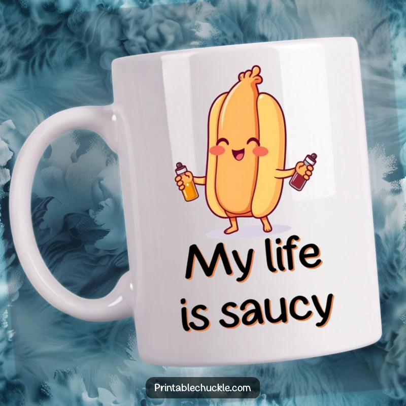Funny hot dog mug, joyfully juggling tiny ketchup and mustard bottles, a whimsical and hilarious kitchen accessory.